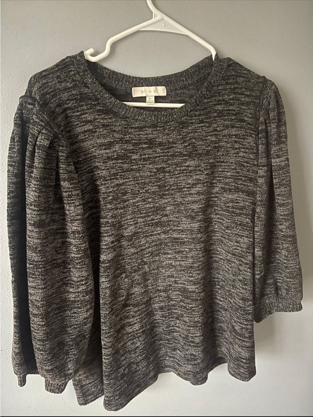 Anthropologie Charcoal Marled Puff-Sleeve Crewneck Sweater